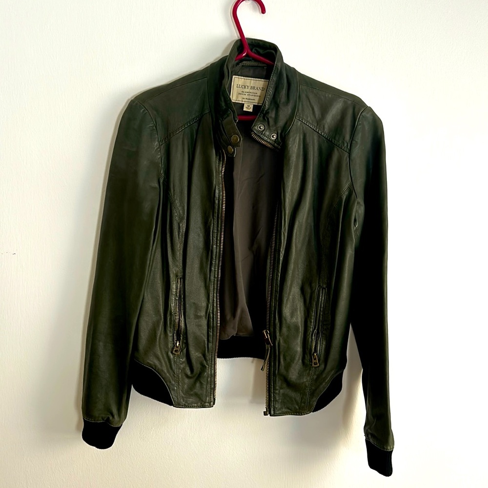 Lucky Brand, Olive green, leather, M, bomber jacket
